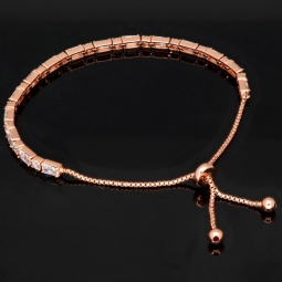 Exquisites 925er Silberarmband, rosévergoldet für Damen mit Zirkoniabesatz im Baguette- und Diamantschliff – Armband längenverstellbar von ca. 16-24 cm