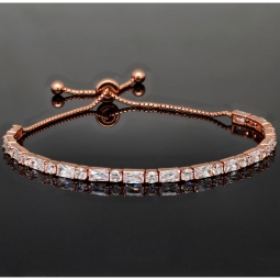 Exquisites 925er Silberarmband, rosévergoldet für Damen mit Zirkoniabesatz im Baguette- und Diamantschliff – Armband längenverstellbar von ca. 16-24 cm