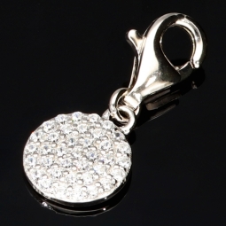 Funkelnder Charm-Anhänger aus 925er Sterling Silber mit Karabiner – rhodiniert, poliert & mit Zirkonia veredelt (Diamantimitation, Brillantschliff) - z.b. für Armbänder als Bag-Charm am Reißverschluss einer Tasche