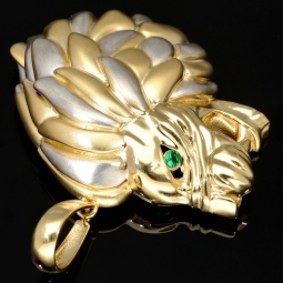 XL Löwenkopf-Anhänger aus edlem Bicolor 585er / 14K Gold (Gelbgold und Weißgold) mit leuchtend grünem Zirkonia (ca. 9,5 g)