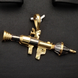 Glänzender Raketenwerfer, Panzerfaust, Bazooka-Anhänger aus hochwertigem Bicolor 585 / 14K Gold (Gelbgold und Weißgold)
