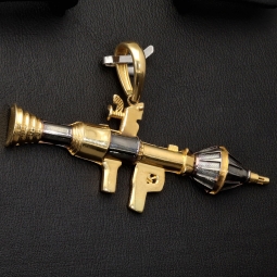 Glänzender Raketenwerfer, Panzerfaust, Bazooka-Anhänger aus hochwertigem Bicolor 585 / 14K Gold (Gelbgold und Weißgold)