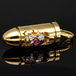 Patrone mit Schädel - Gold-Anhänger aus 14K 585 Bicolor Gold (Gelbgold und Weißgold) mit Zirkoniabesatz