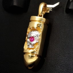 Patrone mit Schädel - Gold-Anhänger aus 14K 585 Bicolor Gold (Gelbgold und Weißgold) mit Zirkoniabesatz