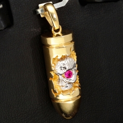 Patrone mit Schädel - Gold-Anhänger aus 14K 585 Bicolor Gold (Gelbgold und Weißgold) mit Zirkoniabesatz