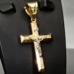 XL-Jesus Christus Kreuz in Greco-Design aus Bicolor Gold 14k (585er) Gelbgold und Weißgold