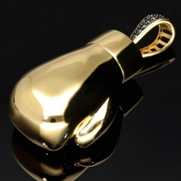 Boxhandschuh Gold-Anhänger mit filigranen Details aus hochwertigem 14K / 585 Gelbgold, glänzend poliert, mit schwarzem Zirkoniabesatz (ca. 5,4g)
