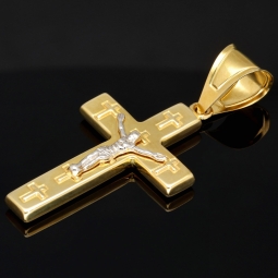 Jesus Christus Kreuzanhänger mit feinen Details und Verzierungen aus Gold 14k (585er) Gelbgold und Weißgold (Bicolor)