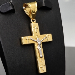 Jesus Christus Kreuzanhänger mit feinen Details und Verzierungen aus Gold 14k (585er) Gelbgold und Weißgold (Bicolor)