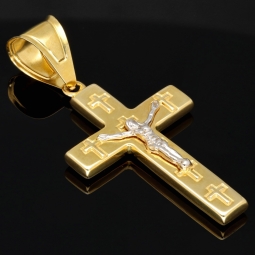Jesus Christus Kreuzanhänger mit feinen Details und Verzierungen aus Gold 14k (585er) Gelbgold und Weißgold (Bicolor)