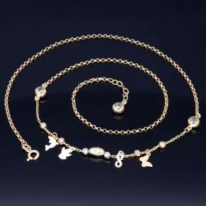 Glänzende Ankerkette mit fantasievollen Elementen aus hochwertigem 585 14k Gold mit Zirkoniabesatz (längenverstellbar von 45cm-ca. 47,5cm)