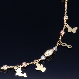 Glänzende Ankerkette mit fantasievollen Elementen aus hochwertigem 585 14k Gold mit Zirkoniabesatz (längenverstellbar von 45cm-ca. 47,5cm)