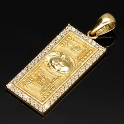 100 Dollar Schein Anhänger mit feinen Details - Dollar Note aus edlem, massivem Gold besetzt mit funkelnden Zirkoniasteinen (14k / 585er Gelbgold)
