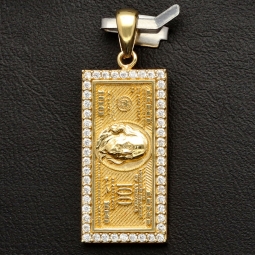 100 Dollar Schein Anhänger mit feinen Details - Dollar Note aus edlem, massivem Gold besetzt mit funkelnden Zirkoniasteinen (14k / 585er Gelbgold)