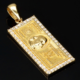100 Dollar Schein Anhänger mit feinen Details - Dollar Note aus edlem, massivem Gold besetzt mit funkelnden Zirkoniasteinen (14k / 585er Gelbgold)