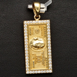 100 Dollar Schein Anhänger mit feinen Details - Dollar Note aus edlem, massivem Gold besetzt mit funkelnden Zirkoniasteinen (14k / 585er Gelbgold)