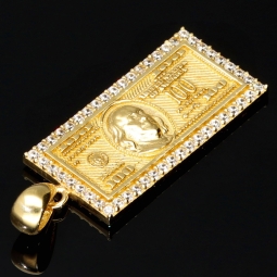 100 Dollar Schein Anhänger mit feinen Details - Dollar Note aus edlem, massivem Gold besetzt mit funkelnden Zirkoniasteinen (14k / 585er Gelbgold)