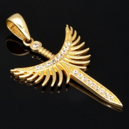 Schwert mit Flügeln - Phönix-Anhänger mit Zirkoniasteinen besetzt in kunstvollem Design 14k 585 Gold (Gelbgold)