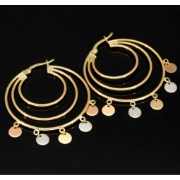 Tricolor Creolen – Dreifachreifen mit schimmernden, beweglichen Plättchen aus 585er 14K Gold (Gelbgold, Roségold und Weißgold)