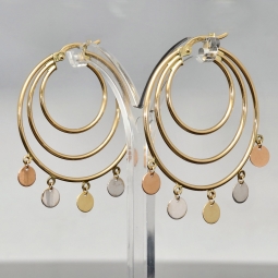 Tricolor Creolen – Dreifachreifen mit schimmernden, beweglichen Plättchen aus 585er 14K Gold (Gelbgold, Roségold und Weißgold)
