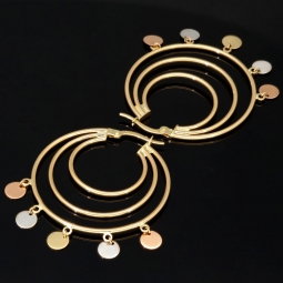 Tricolor Creolen – Dreifachreifen mit schimmernden, beweglichen Plättchen aus 585er 14K Gold (Gelbgold, Roségold und Weißgold)
