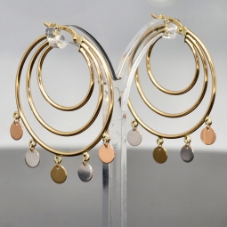 Tricolor Creolen – Dreifachreifen mit schimmernden, beweglichen Plättchen aus 585er 14K Gold (Gelbgold, Roségold und Weißgold)