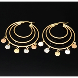 Tricolor Creolen – Dreifachreifen mit schimmernden, beweglichen Plättchen aus 585er 14K Gold (Gelbgold, Roségold und Weißgold)
