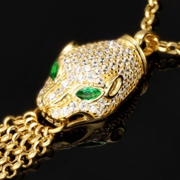 Exklusive Goldkette / Collier mit Pantherkopf-Anhänger mit Zirkoniabesatz aus 14K 585 Gold (Gelbgold)
