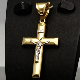 Edler, filigran gearbeiteter Kreuz-Anhänger mit Jesusfigur aus 14k (585) Bicolor-Gold – glänzendes Gelbgold mit fein akzentuiertem Weißgold