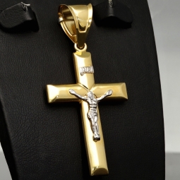 Edler, filigran gearbeiteter Kreuz-Anhänger mit Jesusfigur aus 14k (585) Bicolor-Gold – glänzendes Gelbgold mit fein akzentuiertem Weißgold