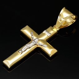 Edler, filigran gearbeiteter Kreuz-Anhänger mit Jesusfigur aus 14k (585) Bicolor-Gold – glänzendes Gelbgold mit fein akzentuiertem Weißgold
