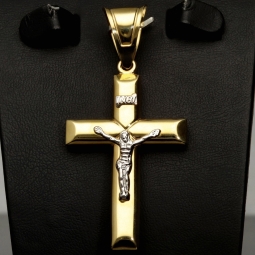 Edler, filigran gearbeiteter Kreuz-Anhänger mit Jesusfigur aus 14k (585) Bicolor-Gold – glänzendes Gelbgold mit fein akzentuiertem Weißgold