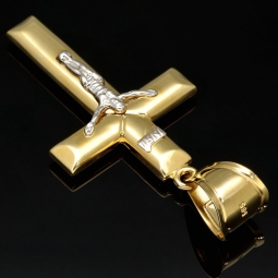 Edler, filigran gearbeiteter Kreuz-Anhänger mit Jesusfigur aus 14k (585) Bicolor-Gold – glänzendes Gelbgold mit fein akzentuiertem Weißgold