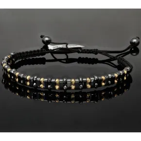 Trendiges, längenverstellbares Kugel Zug-Armband mit 26 Goldperlen in hochwertigem 585 14K und schwarzen Beads (ca. 17-23 cm )