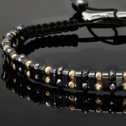 Trendiges, längenverstellbares Kugel Zug-Armband mit 26 Goldperlen in hochwertigem 585 14K und schwarzen Beads (ca. 17-23 cm )