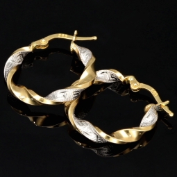 Elegante Twist-Creolen mit filigranem Greco-Design aus edlem 585 / 14K Bicolor Gold (Gelbgold und Weißgold)