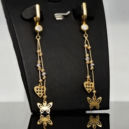 Glänzende Bicolor-Ohrhänger aus 14K 585 Gold (Gelbgold und Weißgold) mit Herz- & Schmetterlingsmotiv und Zirkoniabesatz
