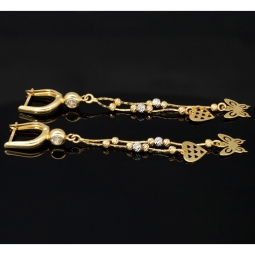 Glänzende Bicolor-Ohrhänger aus 14K 585 Gold (Gelbgold und Weißgold) mit Herz- & Schmetterlingsmotiv und Zirkoniabesatz