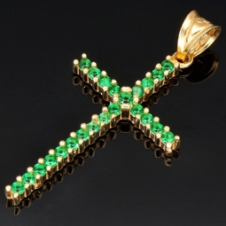 Kreuz-Anhänger aus massivem, hochwertigem 14k / 585 Gold (Gelbgold) besetzt mit grünen, leuchtenden Zirkoniasteinen in Krappenfassungen