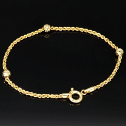 Edles Twist-Armband / Kordelarmband mit eingearbeiteten Goldperlen aus hochwertigem 585 14k Gold, ca. 2mm breit, 19cm lang