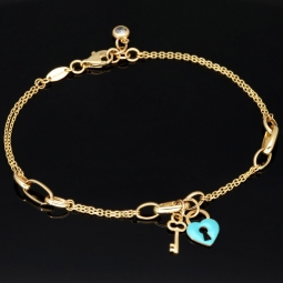Goldarmband mit doppelter Kette & Charms aus 14K 585 Gelbgold mit Zirkonia– ca. 20 cm – Herz & Schlüssel