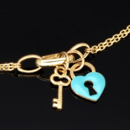 Goldarmband mit doppelter Kette & Charms aus 14K 585 Gelbgold mit Zirkonia– ca. 20 cm – Herz & Schlüssel