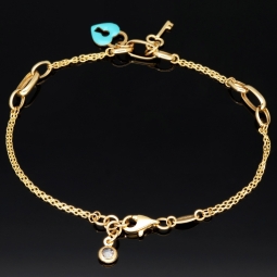 Goldarmband mit doppelter Kette & Charms aus 14K 585 Gelbgold mit Zirkonia– ca. 20 cm – Herz & Schlüssel