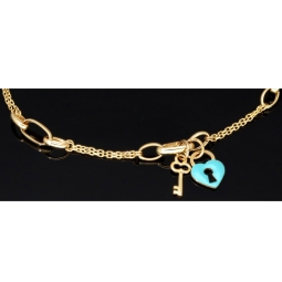Goldarmband mit doppelter Kette & Charms aus 14K 585 Gelbgold mit Zirkonia– ca. 20 cm – Herz & Schlüssel