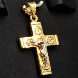 Detaillierter Kreuzanhänger mit Jesusfigur aus edlem 14K 585 Bicolor Gold (Gelbgold und Weißgold)