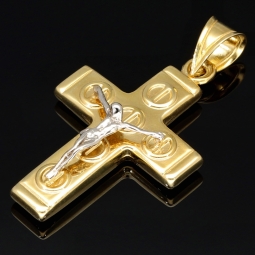 Detaillierter Kreuzanhänger mit Jesusfigur aus edlem 14K 585 Bicolor Gold (Gelbgold und Weißgold)
