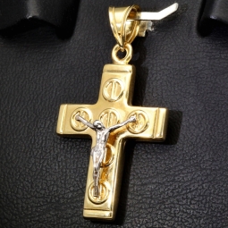 Detaillierter Kreuzanhänger mit Jesusfigur aus edlem 14K 585 Bicolor Gold (Gelbgold und Weißgold)
