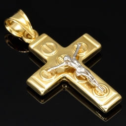 Detaillierter Kreuzanhänger mit Jesusfigur aus edlem 14K 585 Bicolor Gold (Gelbgold und Weißgold)