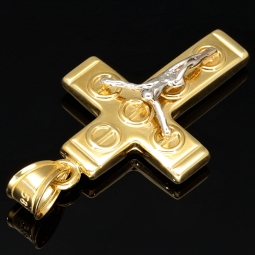 Detaillierter Kreuzanhänger mit Jesusfigur aus edlem 14K 585 Bicolor Gold (Gelbgold und Weißgold)