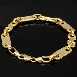 Steigbügel- und Plättchenarmband-Mix, gefertigt aus 585er (14 Karat) Gelbgold. Länge ca. 20 cm, Breite 8mm – hochwertig verarbeitet und klassisch-modern im Design